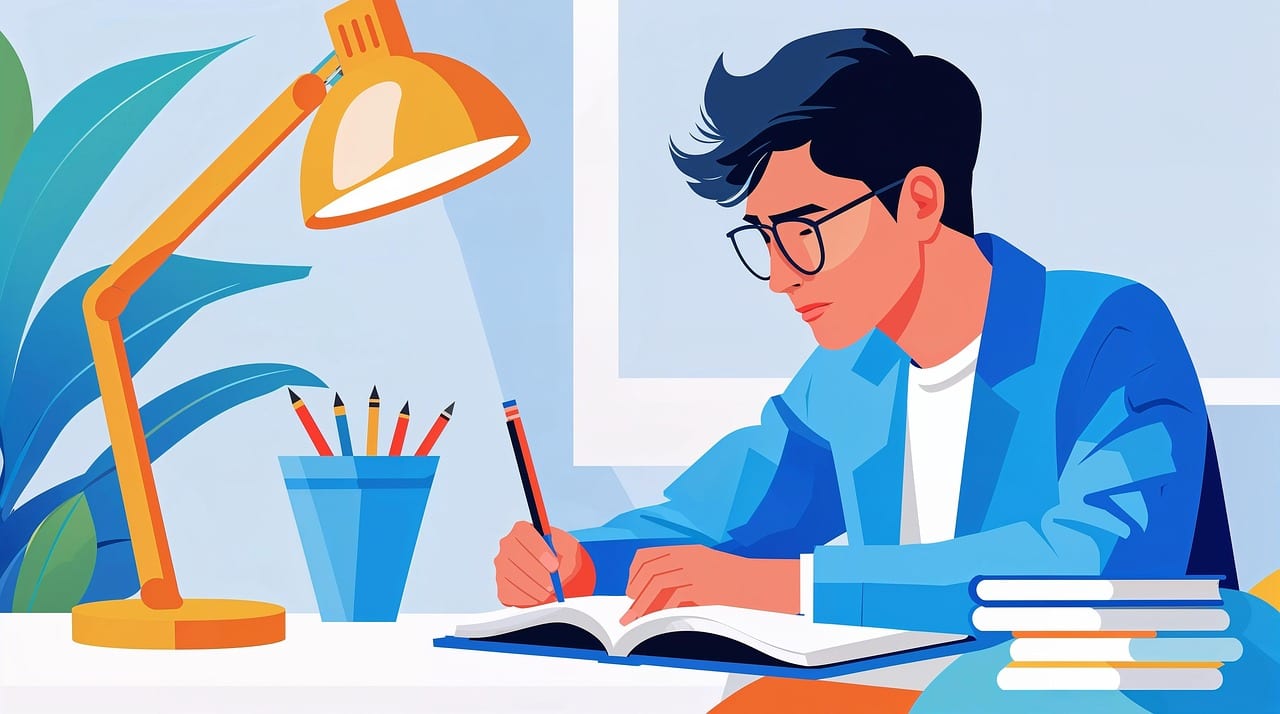 A student sits at a desk with open books and notes while considering future study and career options