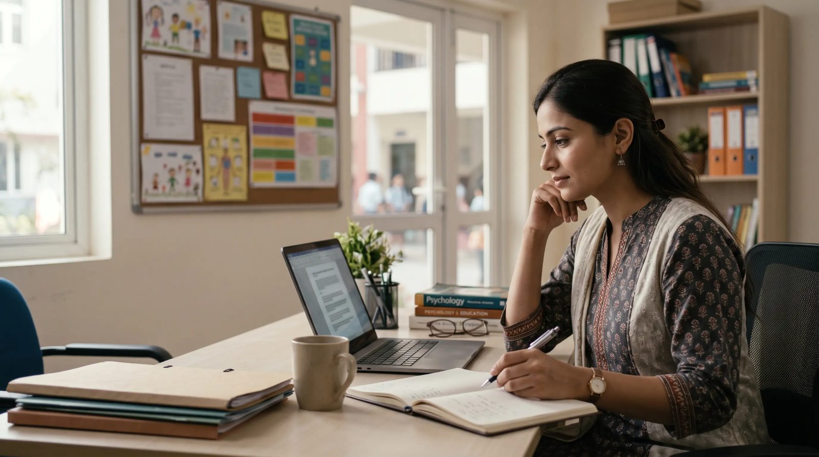 A school counsellor reviewing notes at a desk in an educational setting