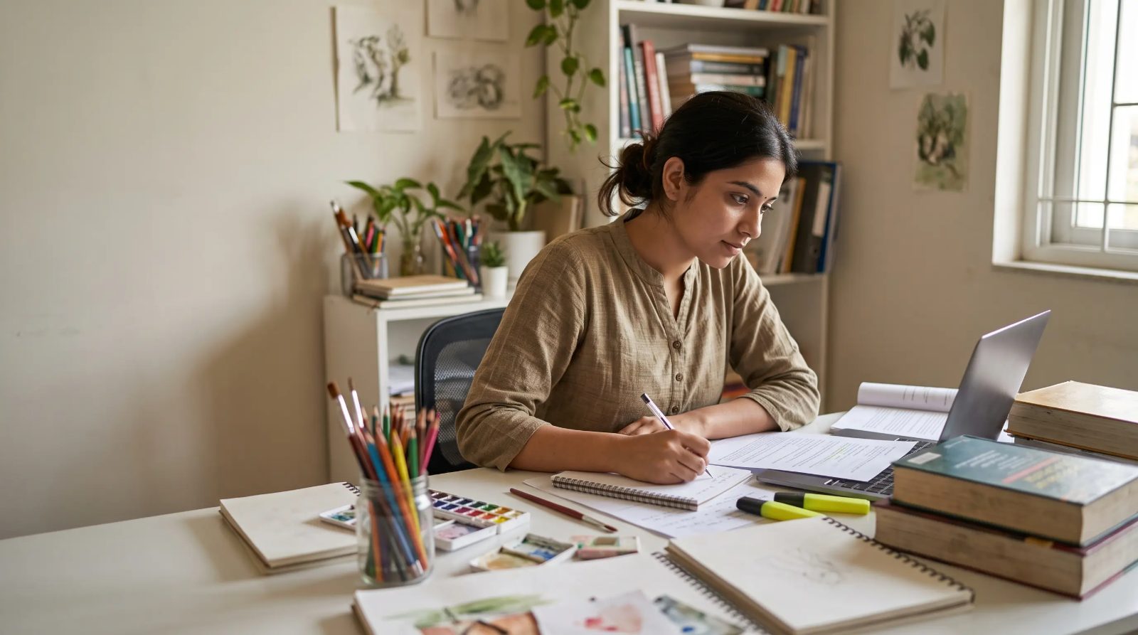A graduate from a creative background working with art materials while reviewing professional study notes