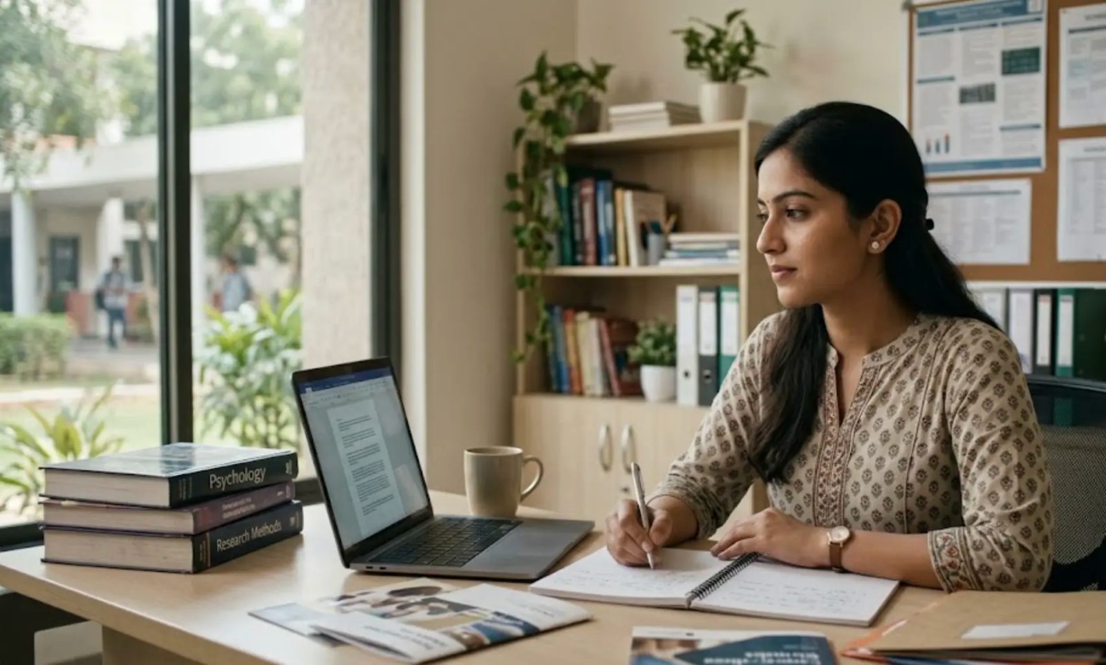 A psychology student comparing career options at a desk with books, notes and a laptop