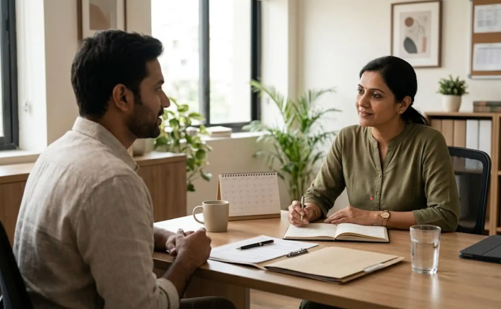 Two professionals in a calm consultation setting with notebooks and goal-planning materials on a table