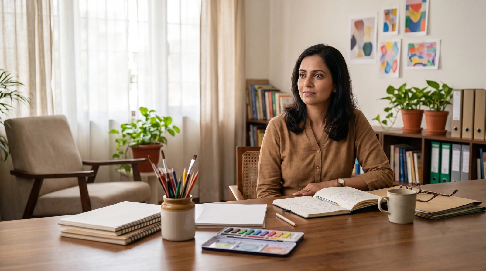 A professional counselling setting with art materials on one side of the table and a notebook for conversation-based work on the other