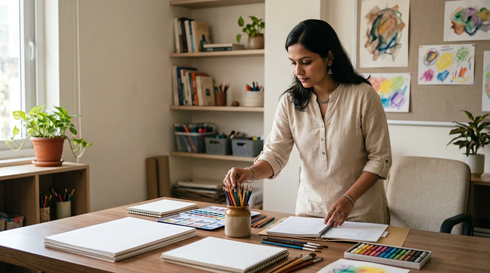 A professional arranging art materials and reviewing reflective notes in a calm wellbeing or educational setting