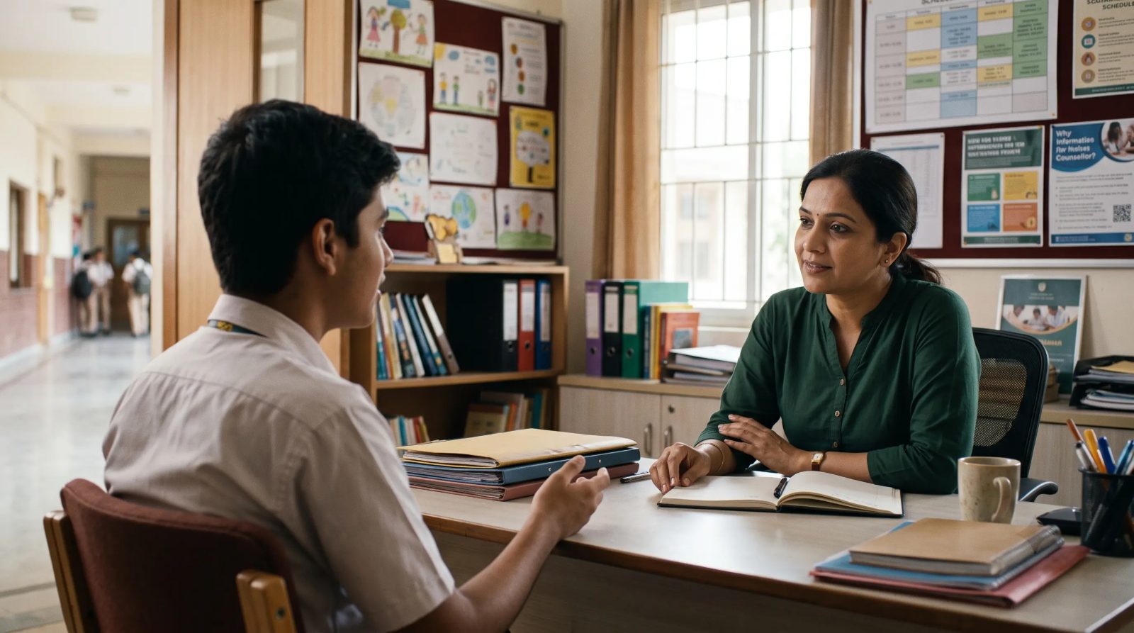 A school counsellor speaking with a student in a calm educational setting while taking brief professional notes